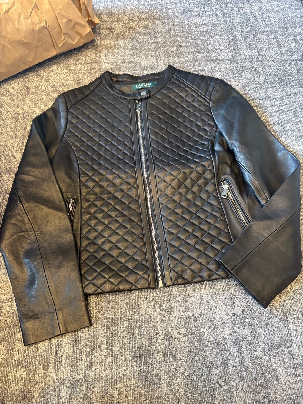 Ralph Lauren Black Quilted Leather Zip Front Jacket